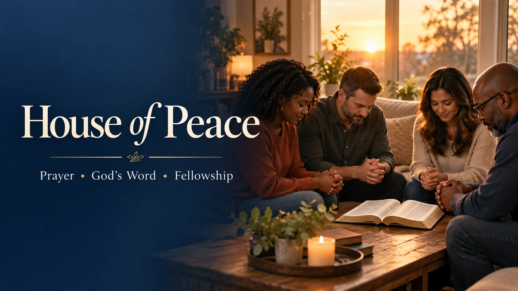House of Peace: prayer, God’s Word and fellowship. A small group prays together around an open Bible in a home.