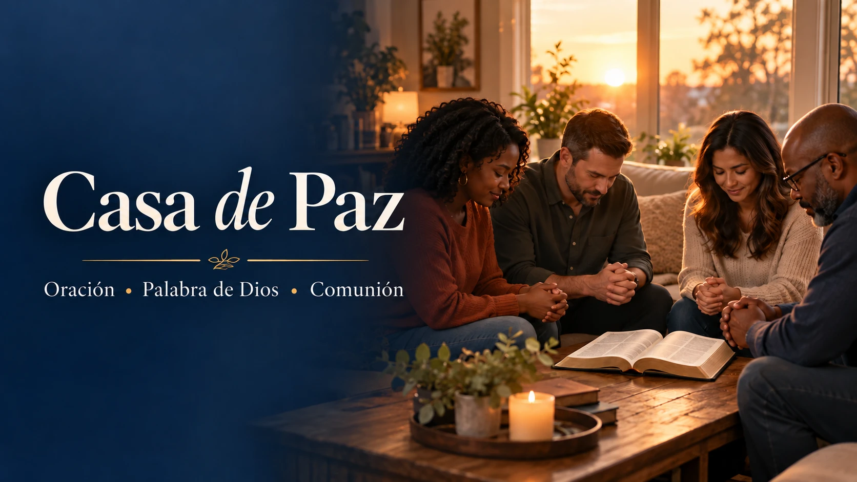 Casa de Paz: oración, Palabra de Dios y comunión. Un grupo pequeño ora junto a una Biblia abierta en un hogar.
