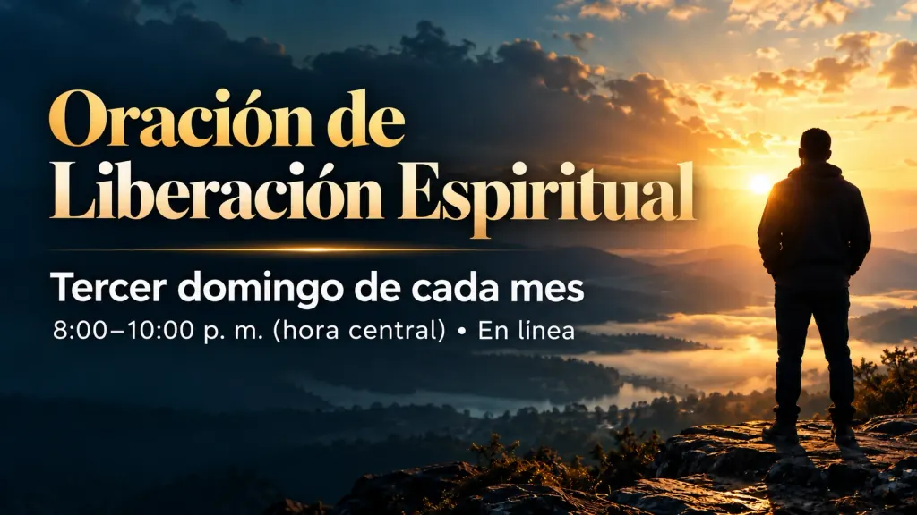Un hombre de pie sobre una montaña, en silueta frente al amanecer sobre un valle. Texto del cartel: Oración de Liberación Espiritual — Tercer domingo de cada mes, 8:00–10:00 p. m. (hora central), en línea.